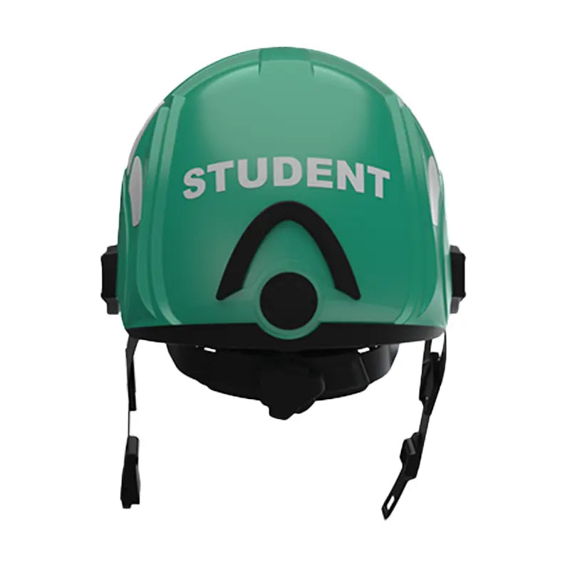 Green student paramedic helmet with chin strap, viewed from the front