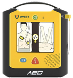 Yellow Vivest AED defibrillator with CPR and pad placement instructions on display