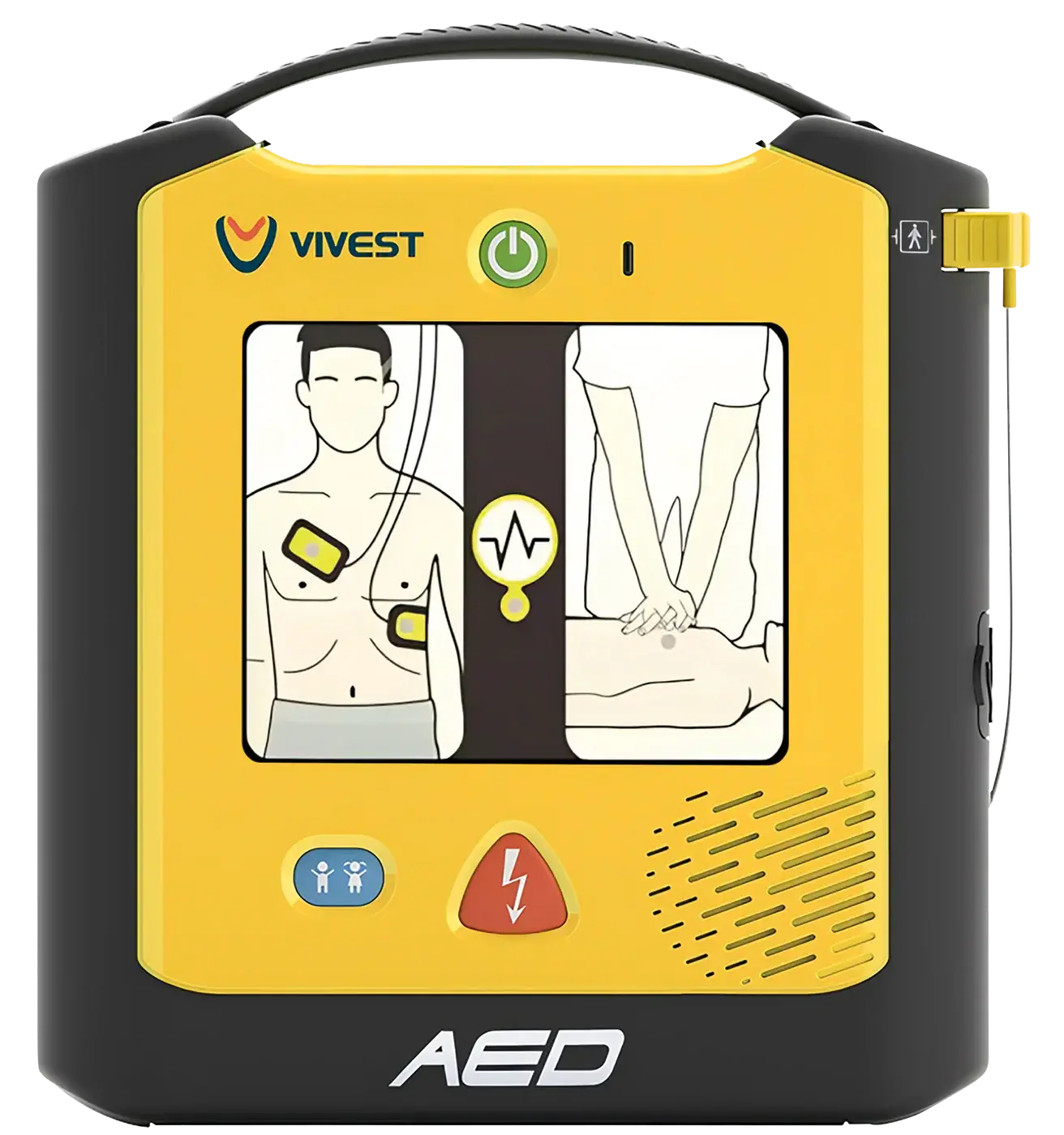 Yellow Vivest AED defibrillator with CPR and pad placement instructions on display