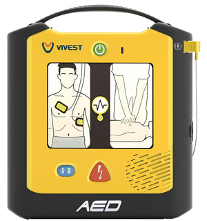 Yellow Vivest AED defibrillator with CPR and pad placement instructions on display