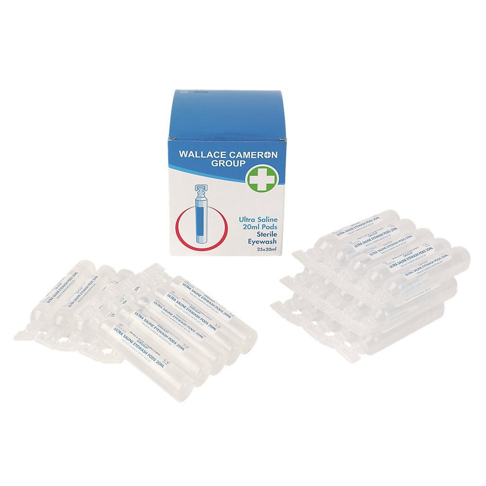 Box of 25 Wallace Cameron 20ml Astroplast sterile saline eye wash pods, suitable for eye irrigation and first aid.