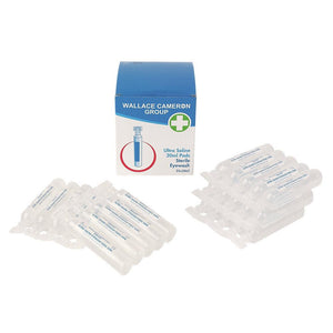 Box of 25 Wallace Cameron 20ml Astroplast sterile saline eye wash pods, suitable for eye irrigation and first aid.