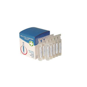 Box of 25 Wallace Cameron 20ml Astroplast sterile saline eyewash pods, used for eye rinsing and first aid.