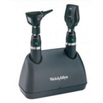 Welch Allyn 3.5V diagnostic desk set with Li-Ion handles, ophthalmoscope, retinoscope, and universal UK plug desk charger.