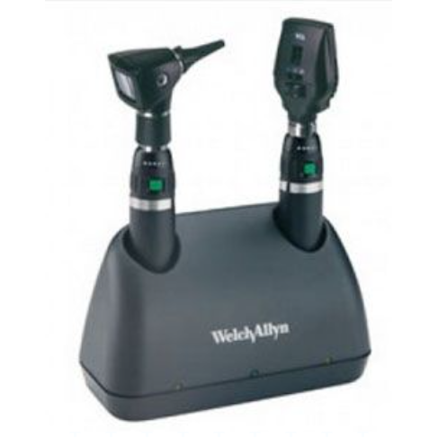 Welch Allyn 3.5V diagnostic desk set with Li-Ion handles, ophthalmoscope, retinoscope, and universal UK plug desk charger.