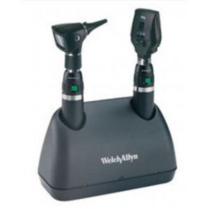 Welch Allyn 3.5V diagnostic desk set with Li-Ion handles, ophthalmoscope, retinoscope, and universal UK plug desk charger.