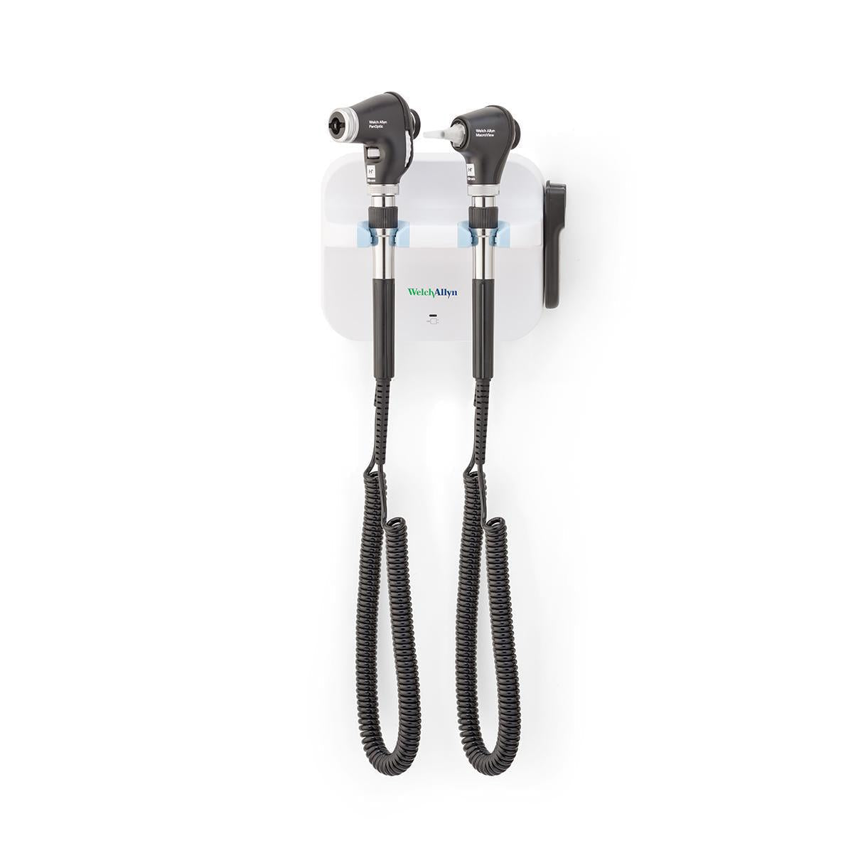 Welch Allyn 777 wall set with PanOptic ophthalmoscope and MacroView otoscope, mounted on wall for medical exam use.
