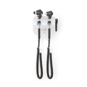 Welch Allyn 777 wall set with PanOptic ophthalmoscope and MacroView otoscope, mounted on wall for medical exam use.