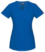 Royal blue Dickies Mock Wrap Top in medium size, featuring a stylish wrap design and short sleeves.