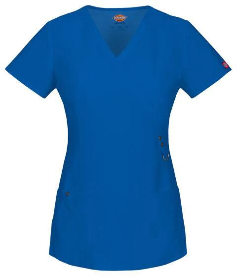 Royal blue Dickies Mock Wrap Top in medium size, featuring a stylish wrap design and short sleeves.