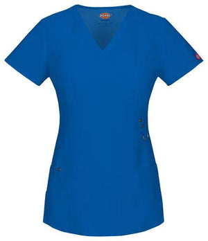 Royal blue Dickies Mock Wrap Top in medium size, featuring a stylish wrap design and short sleeves.