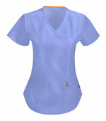 Work In Style Certainty Ceil Blue mock wrap top with long sleeves and V-neck, shown on a model.