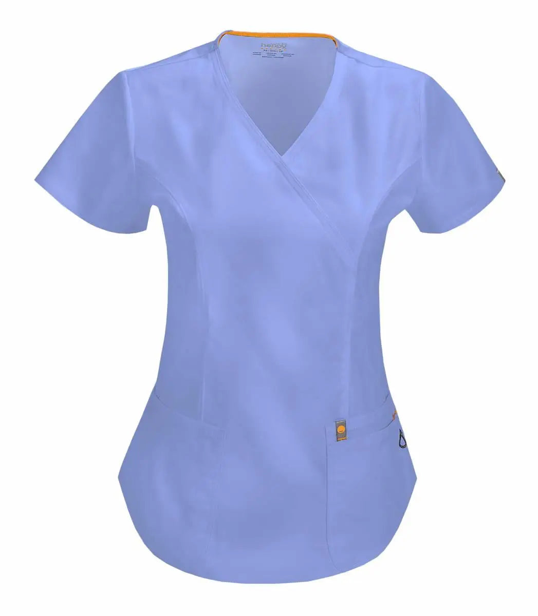 Work In Style Certainty Ceil Blue mock wrap top with long sleeves and V-neck, shown on a model.