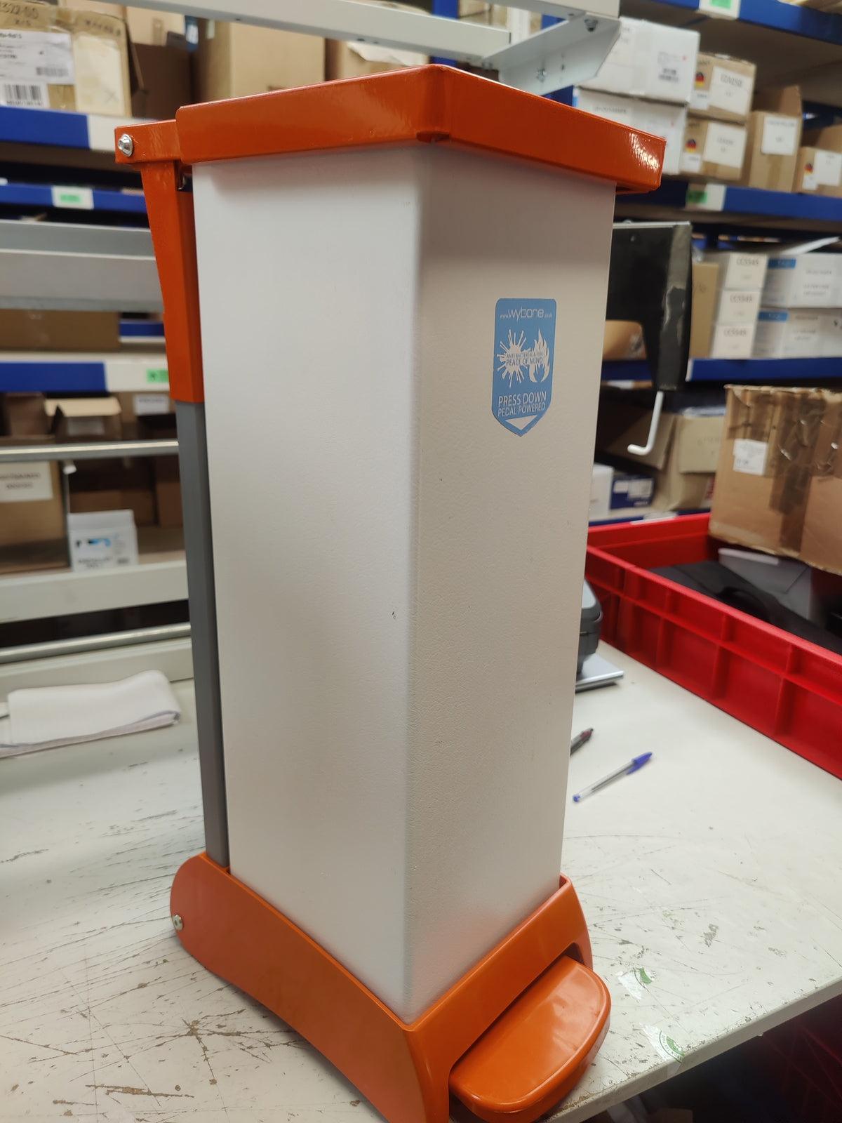 Orange lid and base 28-litre hybrid sackholder by Wybone with a sturdy metal frame and plastic body for waste collection.