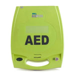 Front view of a green AED defibrillator with clear display and control buttons