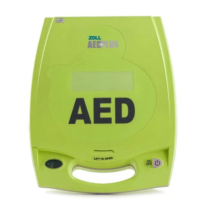 Front view of a green AED defibrillator with clear display and control buttons