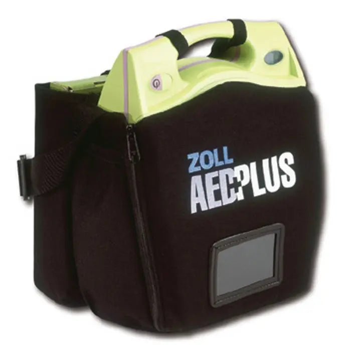 ZOLL AED Plus defibrillator in black carry case, portable medical emergency device